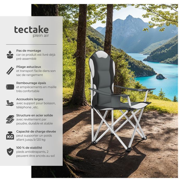 Sillas de camping - TECTAKE - Juego de 2 sillas plegables acolchadas con portavasos, 60 x 88 x 110 cm, funda de transporte - Gris