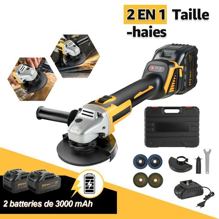 Amoladora angular eléctrica inalámbrica de 125 mm - Amoladora de disco sin escobillas de 21 V - 3 velocidades - 2 baterías de 3 Ah - Incluye 4 discos de amolar