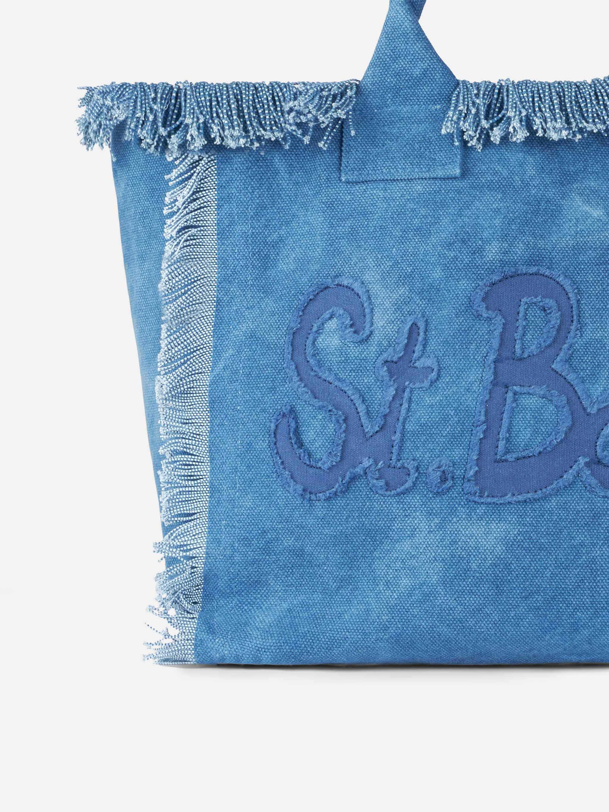 Vanity katoenen canvas draagtas met franjes - denim met Saint Barth-logopatch en ritsvak | MC2 Saint Barth