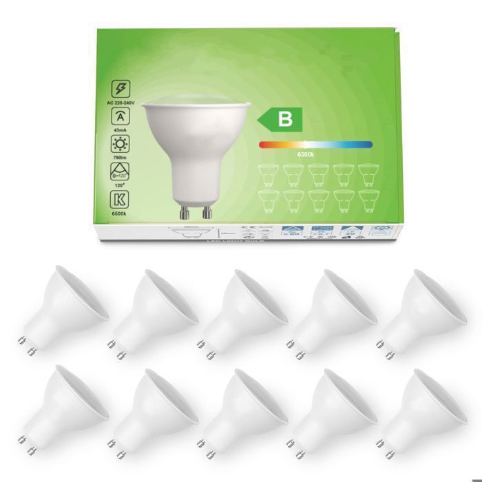 Bombilla LED - GU10 - 5W (equivalente a 80W) - 790LM - 6500K - Blanco neutro - Ángulo de haz de 120° - Clase energética B - 10 unidades