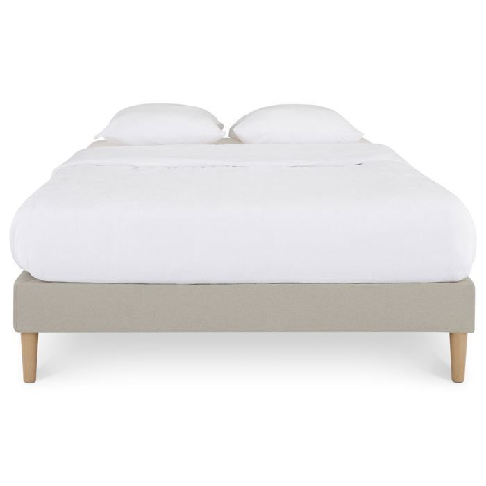 Base de cama tapizada VANNES de 120 x 190 cm, estructura de madera y revestimiento de tela beige, estructura de cama con patas y somier de láminas.