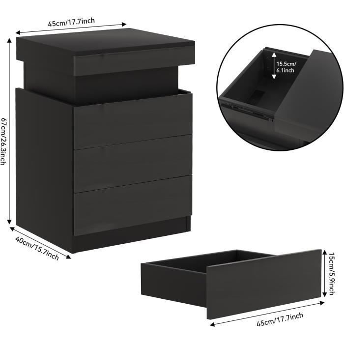 Nachttisch - LDSZXNE - 3 Schubladen - LED - Schwarz