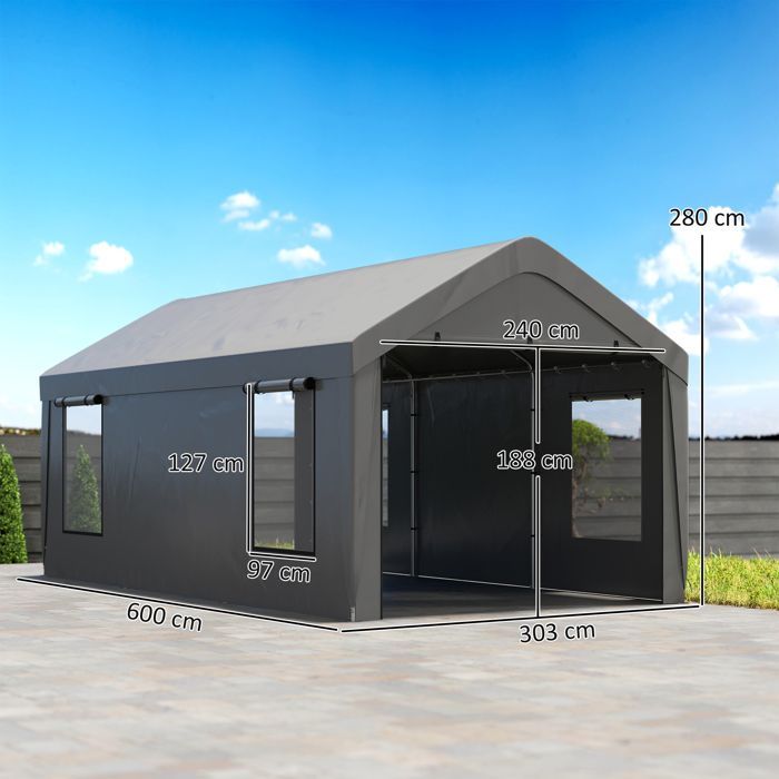 Carport tente de garage - Outsunny - 3 x 6 m - parois latérales amovibles, 2 portes enroulables et 4 fenêtres - gris foncé