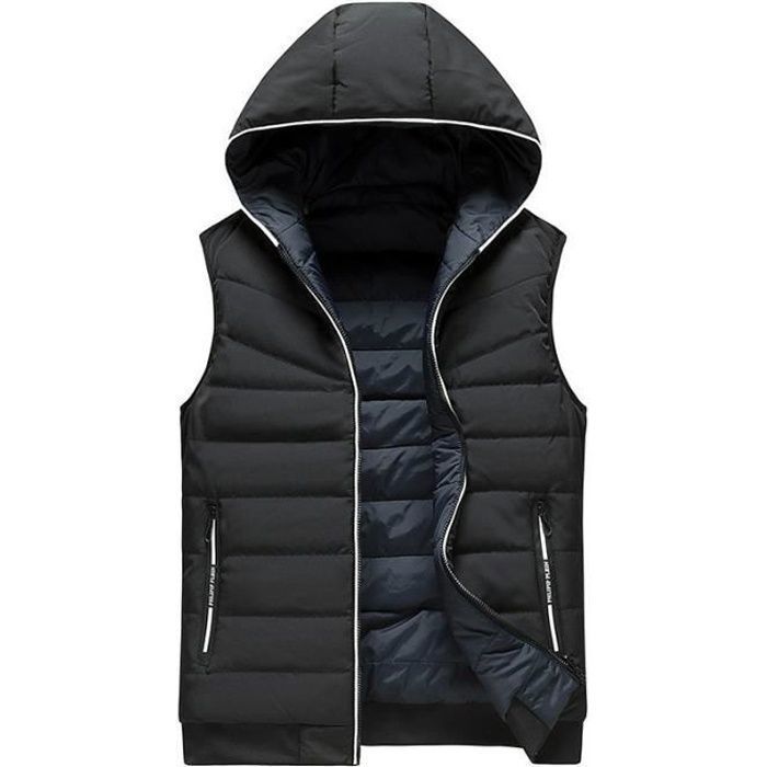Chaqueta acolchada reversible de invierno para hombre con capucha, chaleco cálido sin mangas, color liso - Negro