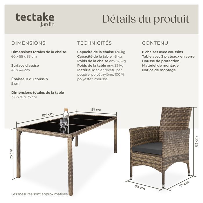 Salon de jardin - TECTAKE - Ensemble détente repas d'extérieur ALMANSA 8 personnes résistant intempéries - Naturel/Gris Foncé