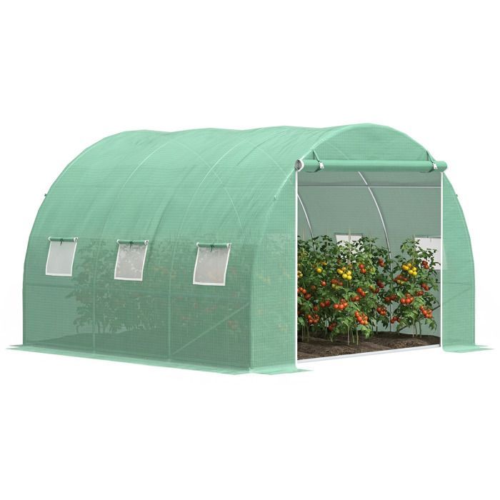 Invernadero tipo túnel Outsunny de 9 m² - con puerta enrollable y 6 ventanas de malla - fabricado en acero y PE - 3 x 3 x 2 m - verde