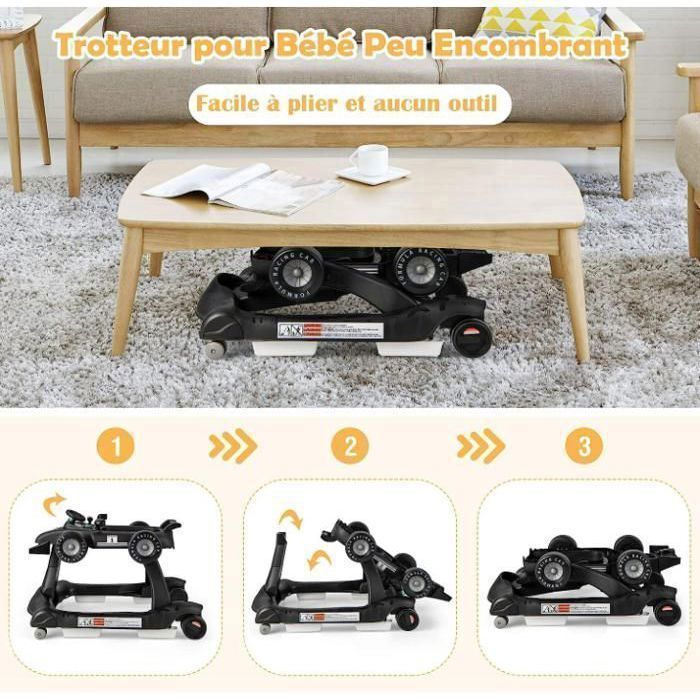 Girello convertibile 3 in 1 DREAMADE, pieghevole con altezza regolabile, musica e luci, a forma di auto, per bambini dai 6 ai 18 mesi, nero.