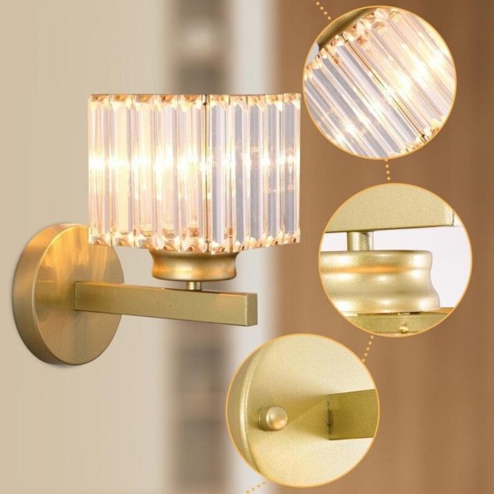 Aplique de pared moderno de cristal WOTTES, aplique de pared cuadrado de cristal dorado de 15 cm, casquillo E27, 2 unidades para dormitorio, mesita de noche y pasillo.