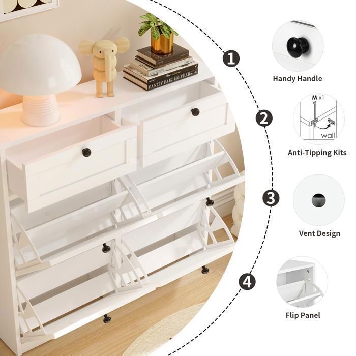 Zapatero - VOWNER - Mueble de almacenamiento de zapatos para recibidor - Zapatero - 100 x 105 x 24 cm - Blanco