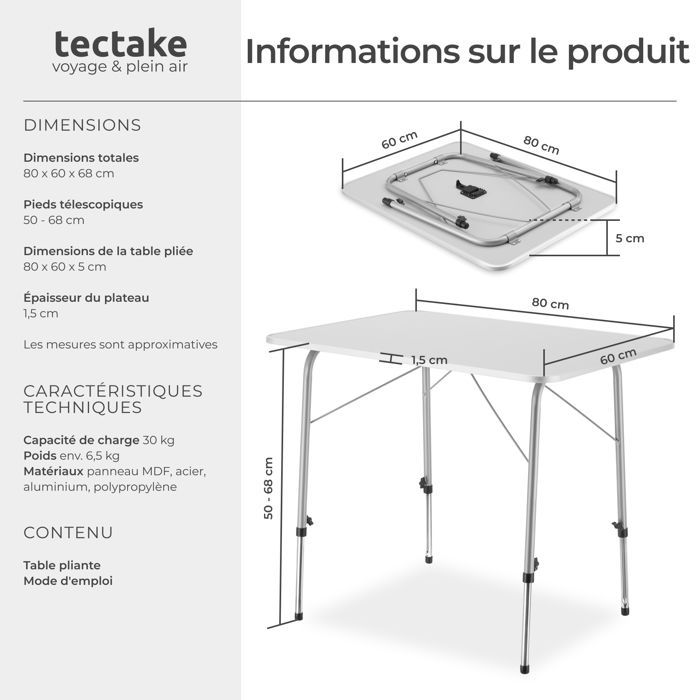 Mesa de camping - TECTAKE - JULIAN, plegable y compacta, con patas telescópicas, 80 x 60 x 68 cm - Gris