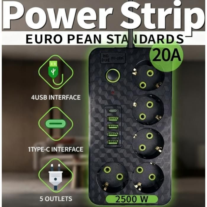 Regleta eléctrica de 6 tomas con 5 puertos USB, con protección contra sobretensiones e interruptor, cable de 3 m.
