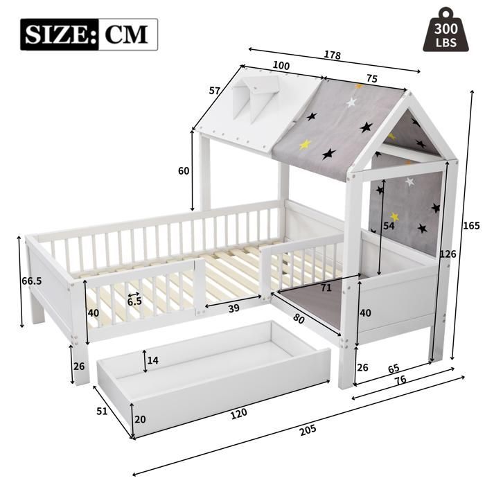 Cuna individual multifuncional LINKHOO, con lona tipo tienda de campaña y almohadas, cajones en la parte inferior, colchón no incluido, 90 x 200 cm, blanca.
