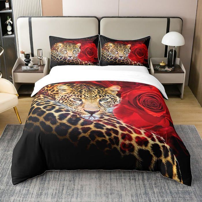 Juego de ropa de cama infantil, rosa y rojo, funda nórdica con estampado de guepardo y temática de vida salvaje, 140x200cm