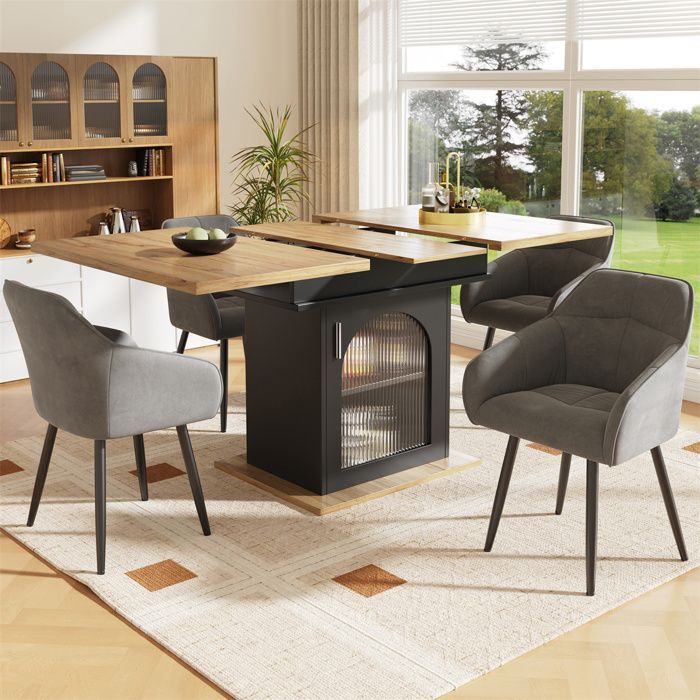 Mesa de comedor extensible con almacenamiento, mesa de cocina cuadrada para 4 a 6 personas, mesa de comedor extensible en color natural y negro.