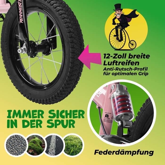Rennmeister Pink Children's Balance Bike, No Pedals, Suspension, Max 50kg, Drum Brakes, Shock-Absorbing Padding, Cycling Saddle