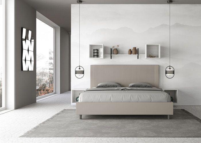 Cama king size con almacenamiento - Ityhome - Goya - 200x200 cm - Piel sintética color topo - Cabecero tapizado