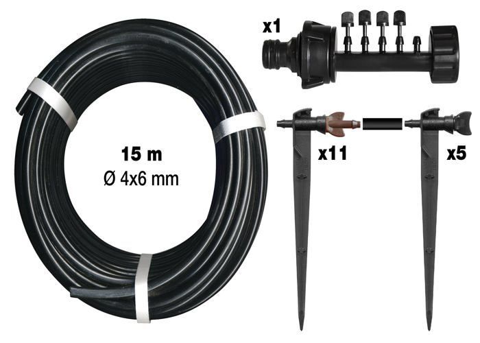 Kit de riego por goteo para bancales elevados: 15 m de microtubo de Ø 6 mm, 11 goteros ajustables de 0 a 6 L/h.
