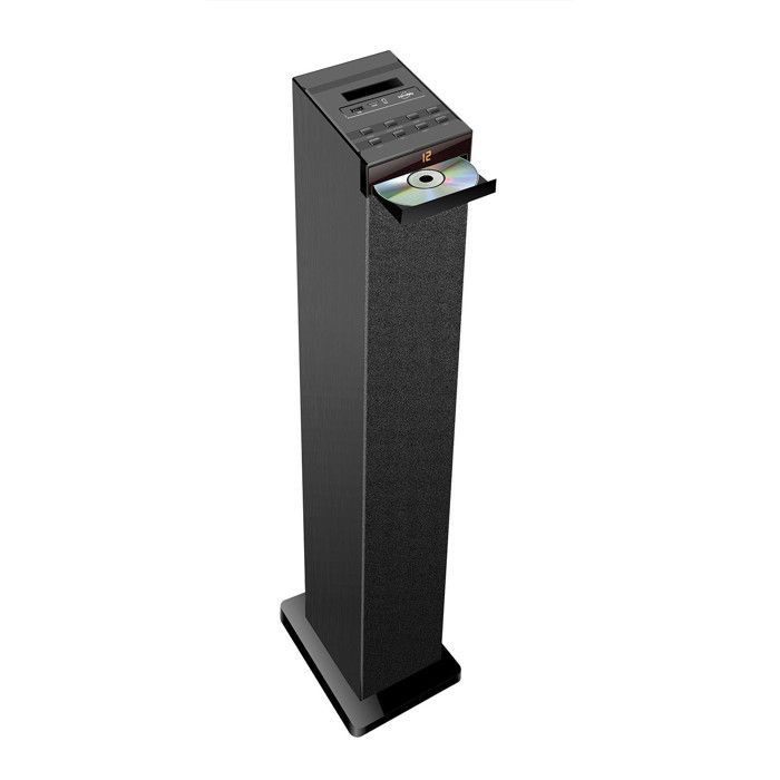 Diffusore a torre HiFi nero da 60 W con lettore CD, Bluetooth, radio FM e USB, telecomando e anelli luminosi a LED (omaggi inclusi).