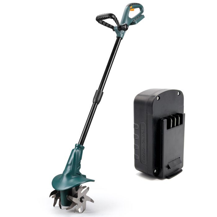 FISHTEC 18V cordless tiller with 4 tines (20cm x 8cm) and lithium battery included, for vegetable garden maintenance.