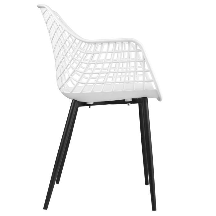 Lot de 4 chaises LUCIA pour salle à manger ou cuisine au design retro avec accoudoirs, coque en plastique blanc et 4 pieds en métal