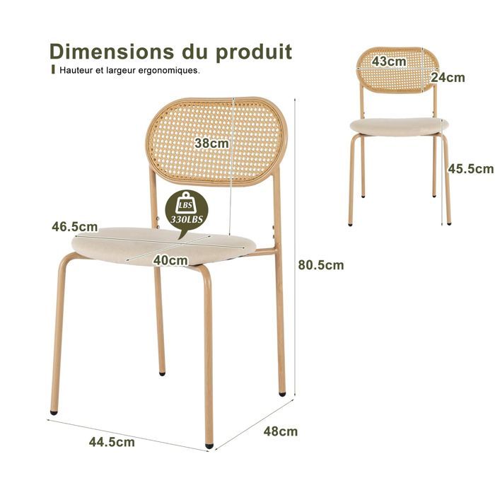 Set di 2 sedie da pranzo in legno, gambe in metallo, sedie da cucina con schienale in rattan, ergonomiche, per soggiorno
