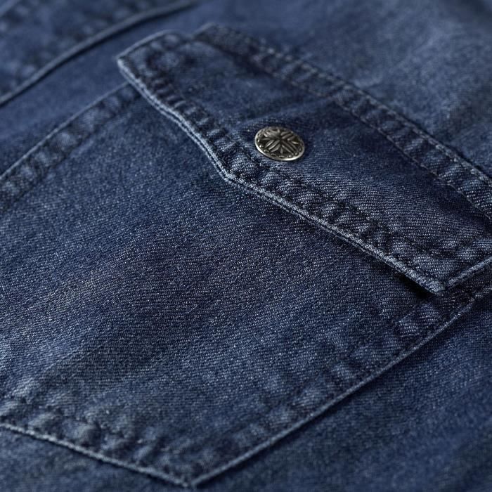 Camicia da uomo in denim a maniche lunghe, vestibilità regolare, con tasche, tinta unita, casual - Blu