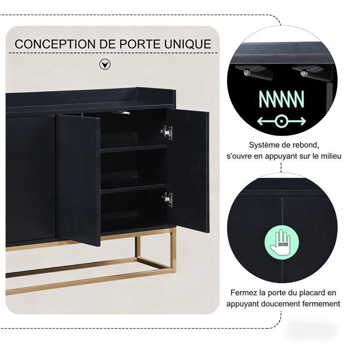 Credenza con 4 ante, ripiani regolabili, mobile basso, gambe in metallo dorato, credenza moderna, 120x30x80 cm, nera, per soggiorno e cucina.