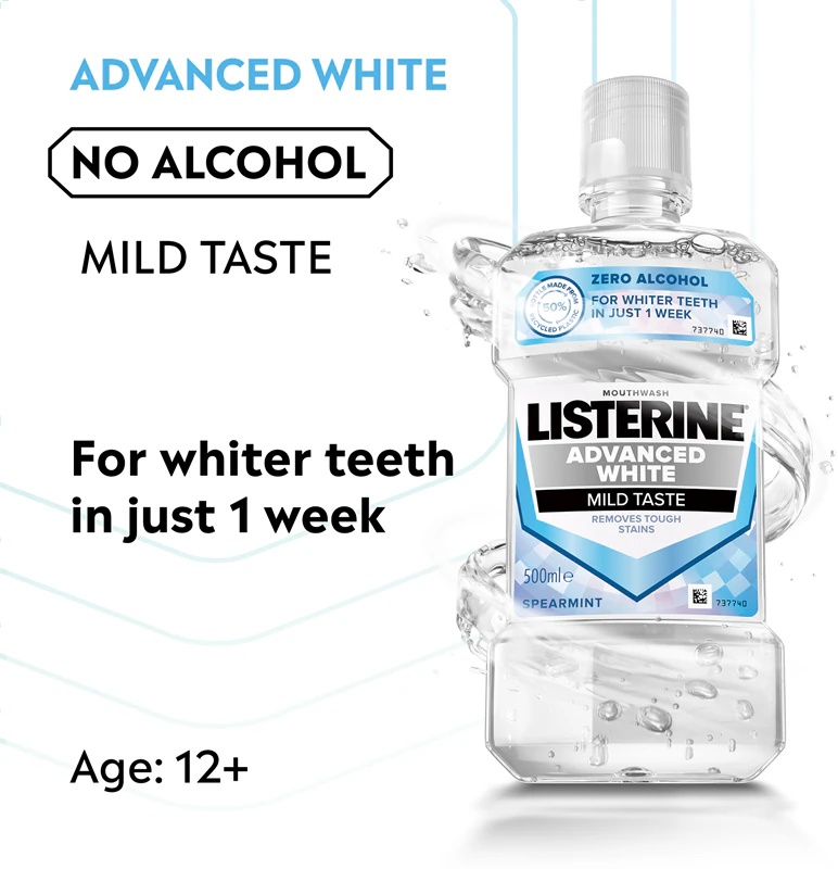 „Listerine Advanced White“ švelnaus skonio balinamasis burnos skalavimo skystis
