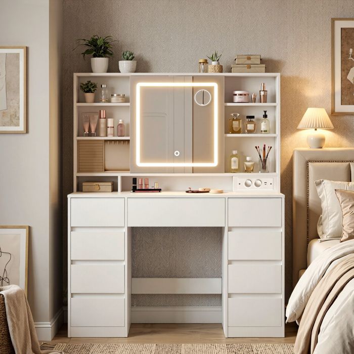 VASAGLE Coiffeuse avec Miroir LED, Multiprise, 9 Tiroirs, Loupe 10x, Éclairage 3 Couleurs, Installation des Rails sans Outils, Blanc