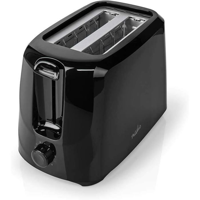 Tostapane compatto - TRAHOO - 2 fessure - 6 impostazioni di tostatura - Vassoio raccogli briciole - Nero - 35x26x17 cm - 700 Watt