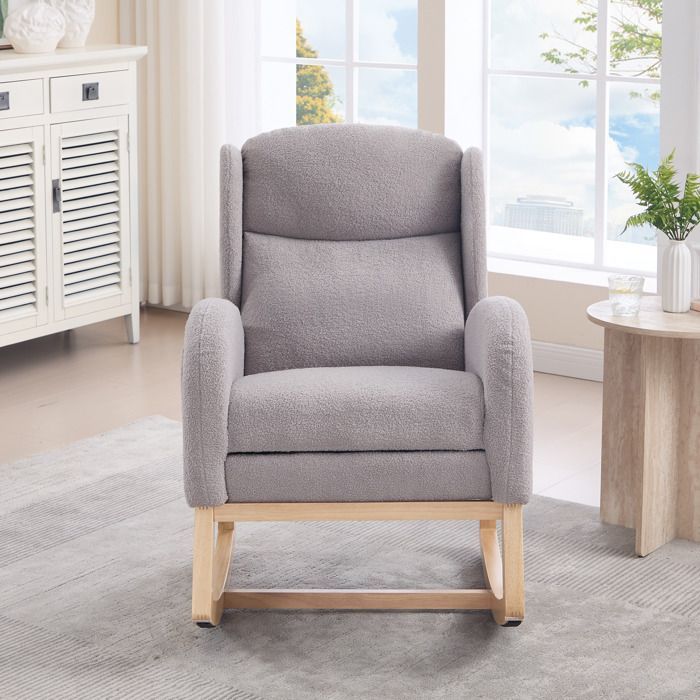 Mecedora moderna, silla de lactancia con reposapiés y estructura de madera, tela Teddy, gris.