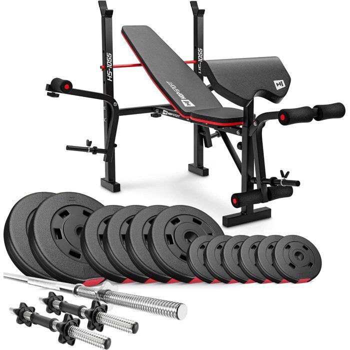 Hop-Sport HS-1055 opklapbare halterbank met 38 kg halterset, curlpad, butterfly-oefenapparaat en leg press.