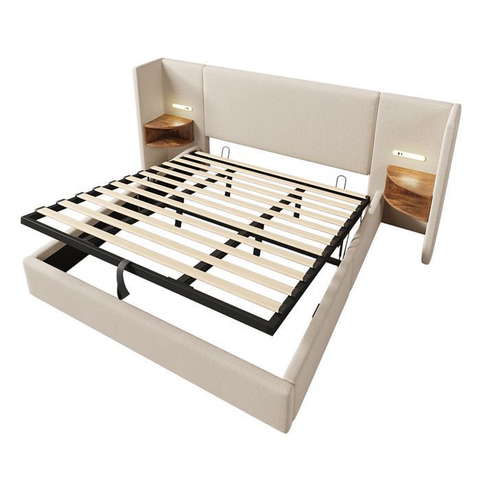 Upholstered storage bed 180x200 cm with long backrest, bedside table, reading lamp, USB Type-C, hydraulic storage, linen, beige