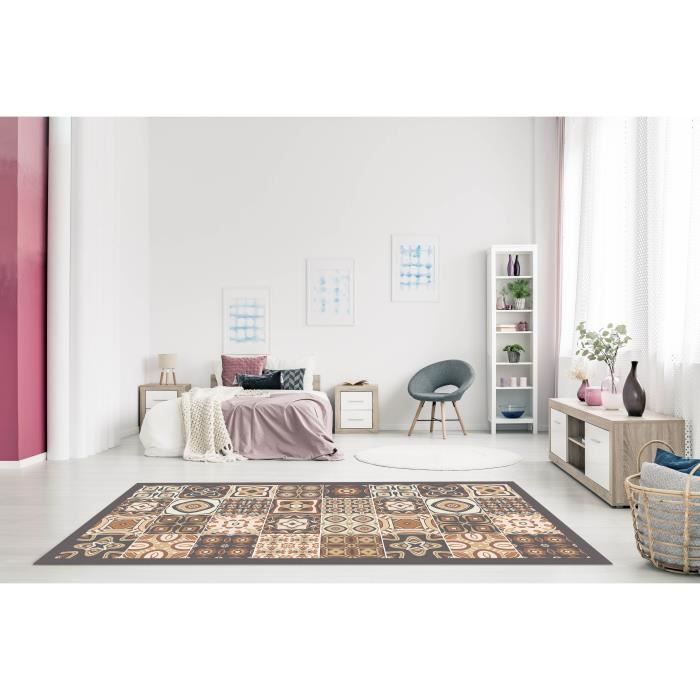 Panorama-Vinylteppich mit braunem Zementfliesenmuster, 300 x 200 cm - PVC-Teppich für Küche, Büro und Wohnzimmer
