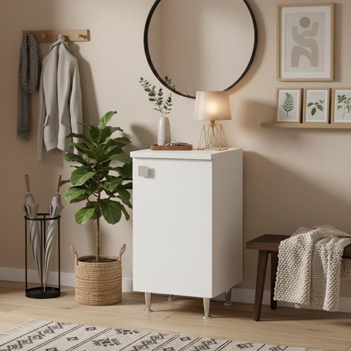 Meuble Bas Blanc Frêne 1 Porte Droite | Armoire Multiusage 50 cm avec Pieds Métal | Livré Monté pour Salle de Bain/Entrée/Buanderie