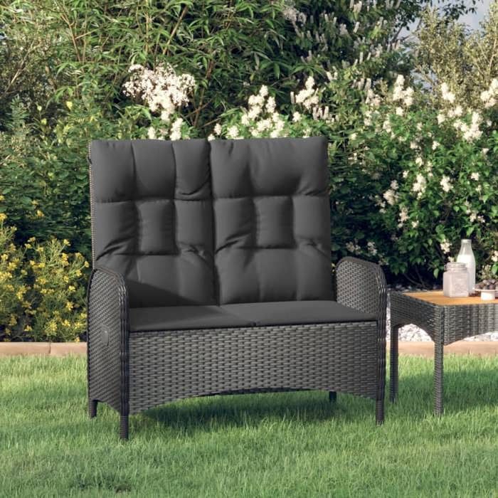 Banco de jardín reclinable vidaXL con cojines, 107 cm, poliratán negro, 319894