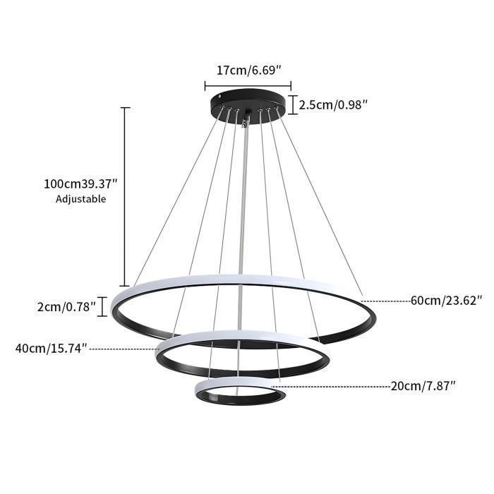 Lámpara colgante LED moderna DELIPOP, 3 anillos, negra, lámpara de techo regulable con mando a distancia para salón y comedor - Ø20+40+60cm