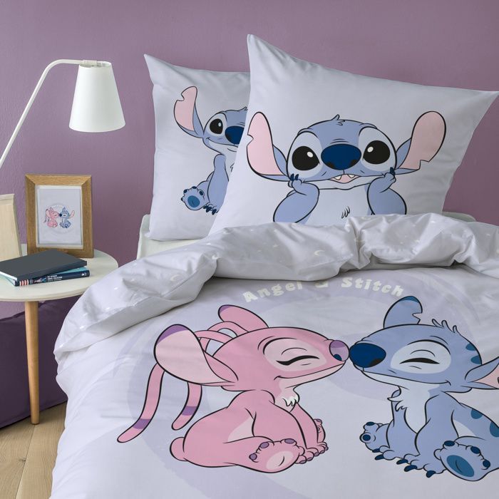 Conjunto de cama infantil com lençol de baixo com elástico, 100% algodão - DISNEY STITCH HAPPY - Roxo - 140x200+63x63cm + 90x190cm