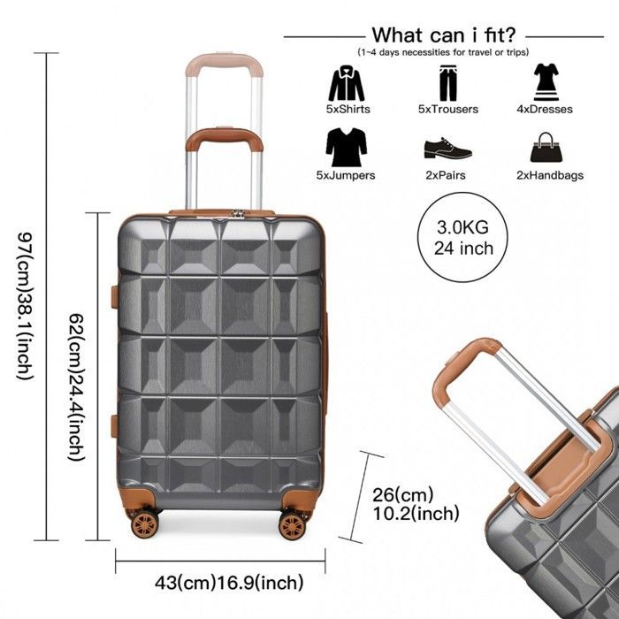 Maleta mediana Kono de 62x43x26 cm, carcasa rígida de ABS, maleta de viaje con ruedas, ultraligera, con cerradura TSA, 57 L, gris.