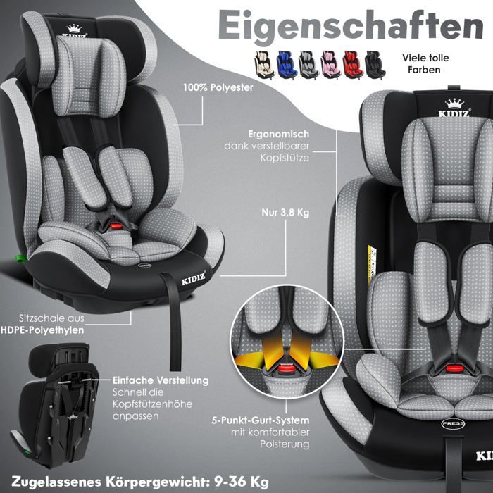KIDIZ® Autostoel voor kinderen en baby's 9-36 kg Groep 1+2+3 5-punts veiligheidsgordel Verstelbare hoofdsteun ECE R129/03 Grijs