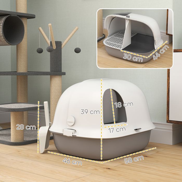 Arenero/caseta para gatos - AKOZON - 10315 - semicerrado - incluye puerta frontal y pala - 58x46x39 cm