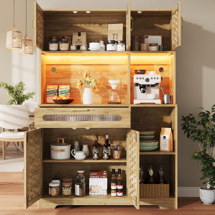 Aparador de cozinha versátil - MODERNLUXE - 137x45x178 cm - 2 portas - 3 gavetas - 8 prateleiras - Iluminação LED - Cor Natural