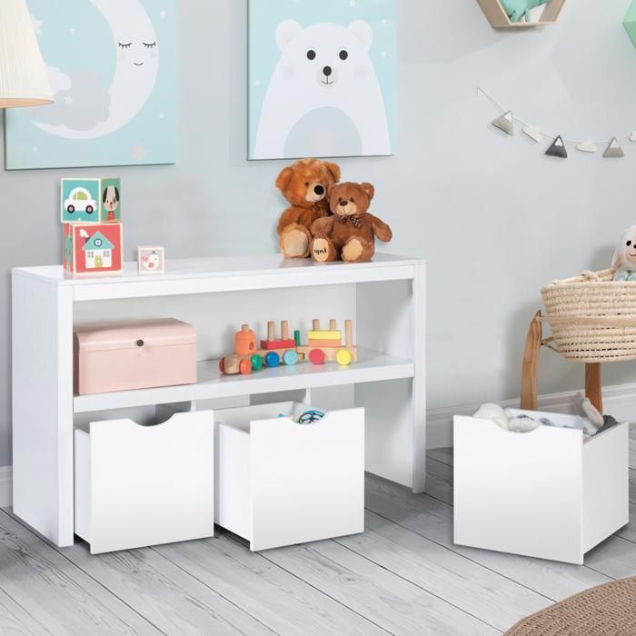 IDMARKET MANA children's storage unit in white wood with 3 cube drawers on casters