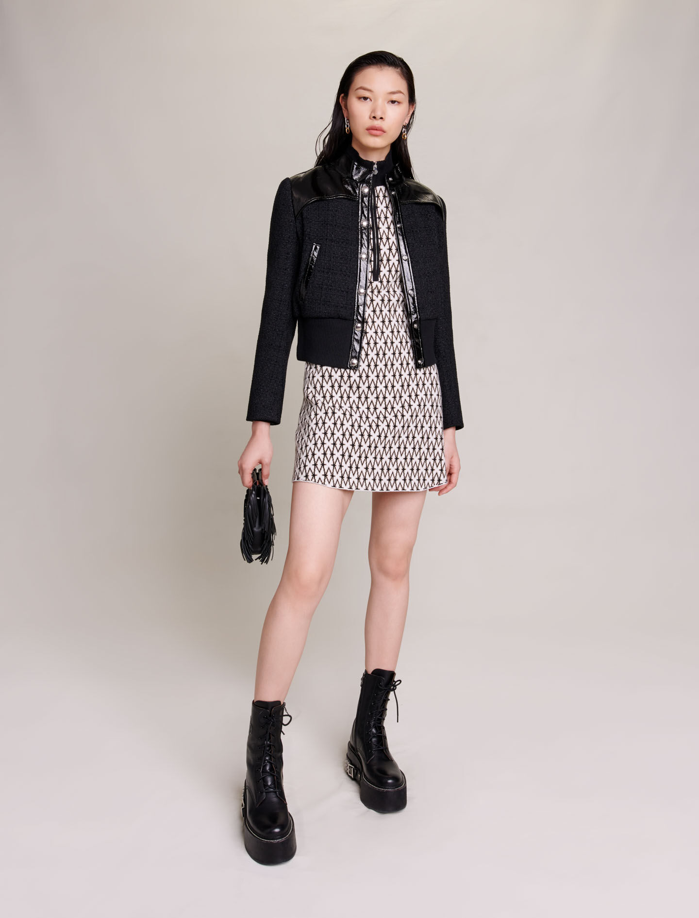 Tweed en vinyl jas - Zwart