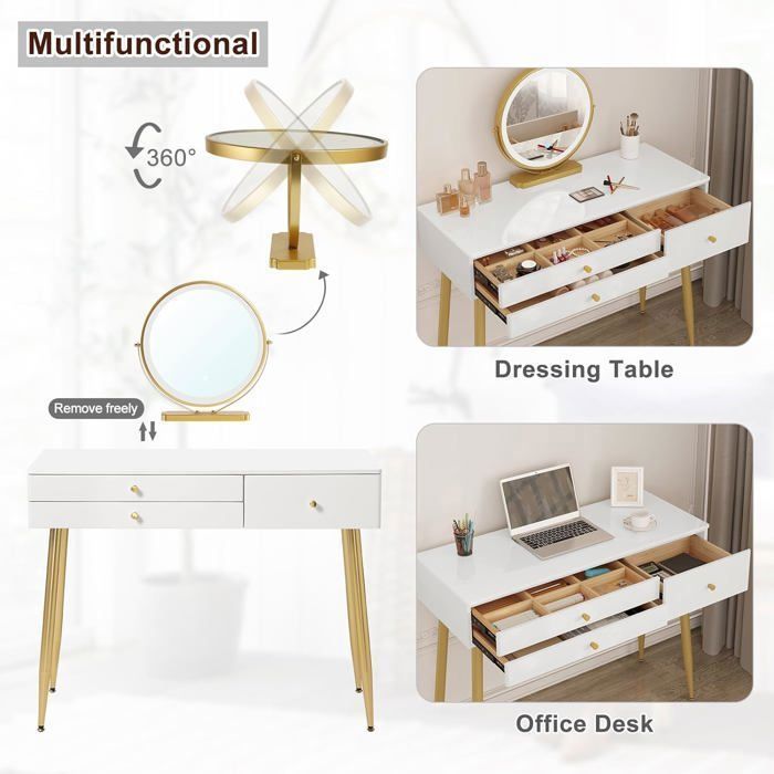 Tocador WOLTU con espejo LED ajustable y silla de terciopelo, mesa de maquillaje con 3 cajones, color crema y dorado W0ETT0047