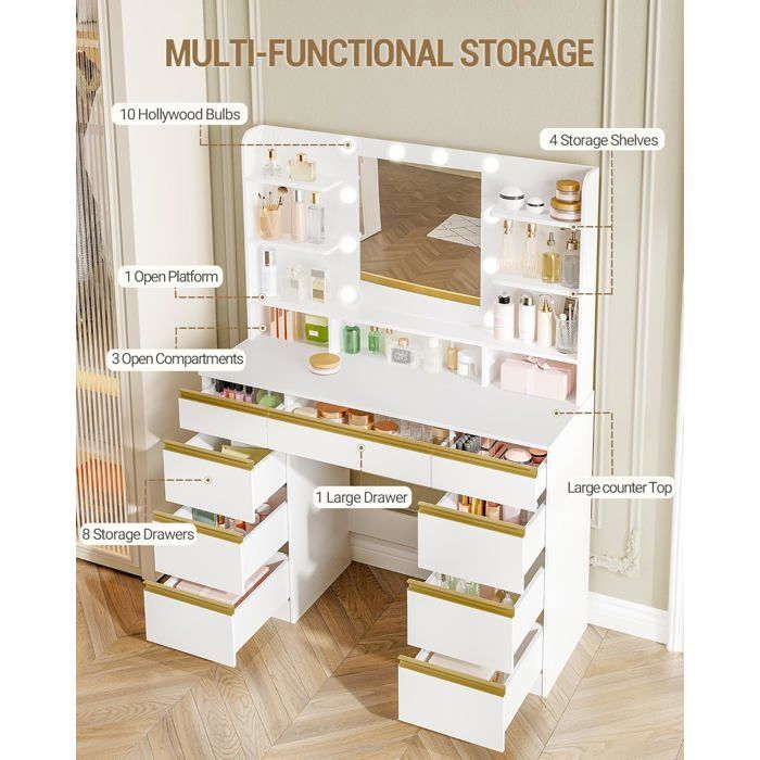 Ampia toeletta con illuminazione a LED, 10 sfere luminose a LED, 3 colori, luminosità regolabile, specchio, 9 cassetti, bianco-oro.