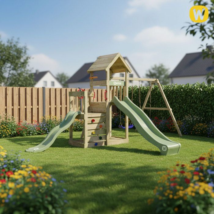 Zona de juegos WICKEY SkyFlyer: 2 plataformas, 2 toboganes verde pastel y un columpio. Garantía de 10 años*. Para hermanos.
