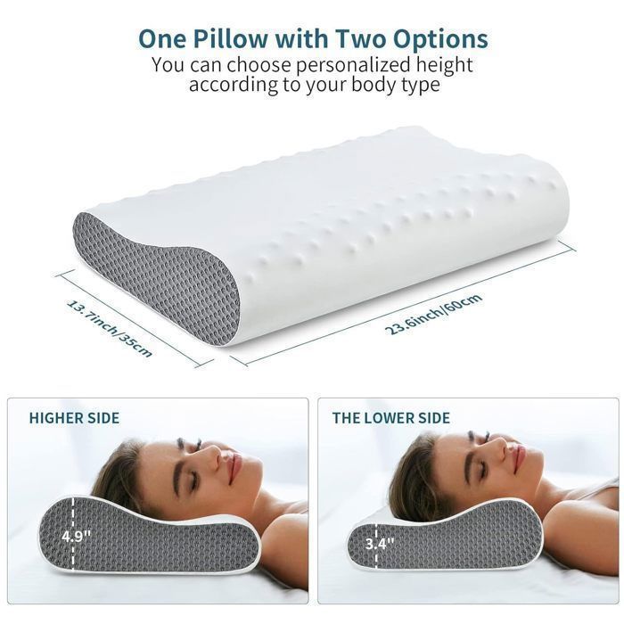 Almohada cervical ergonómica de espuma viscoelástica - Antironquidos y alivio del dolor - Sueño profundo 60*35*9/13cm