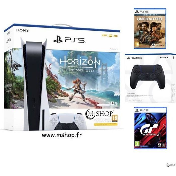 PlayStation 5 Console Pack - Horizon Forbidden West + Black DualSense Controller + GT7 PS5 + Uncharted PS5