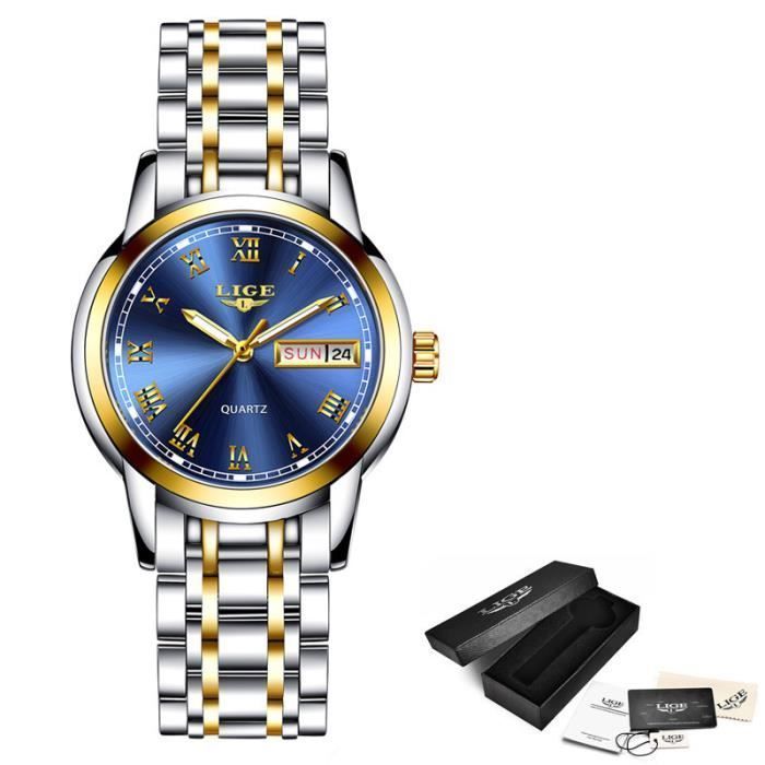 SHARPHY Montre femme de marque bracelet en acier chiffres romains avec date semaine bleu - cadeau pour les femmes de Noël